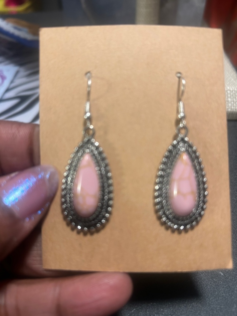 Pink Teardrop Dangle Earrings with Silver Accents